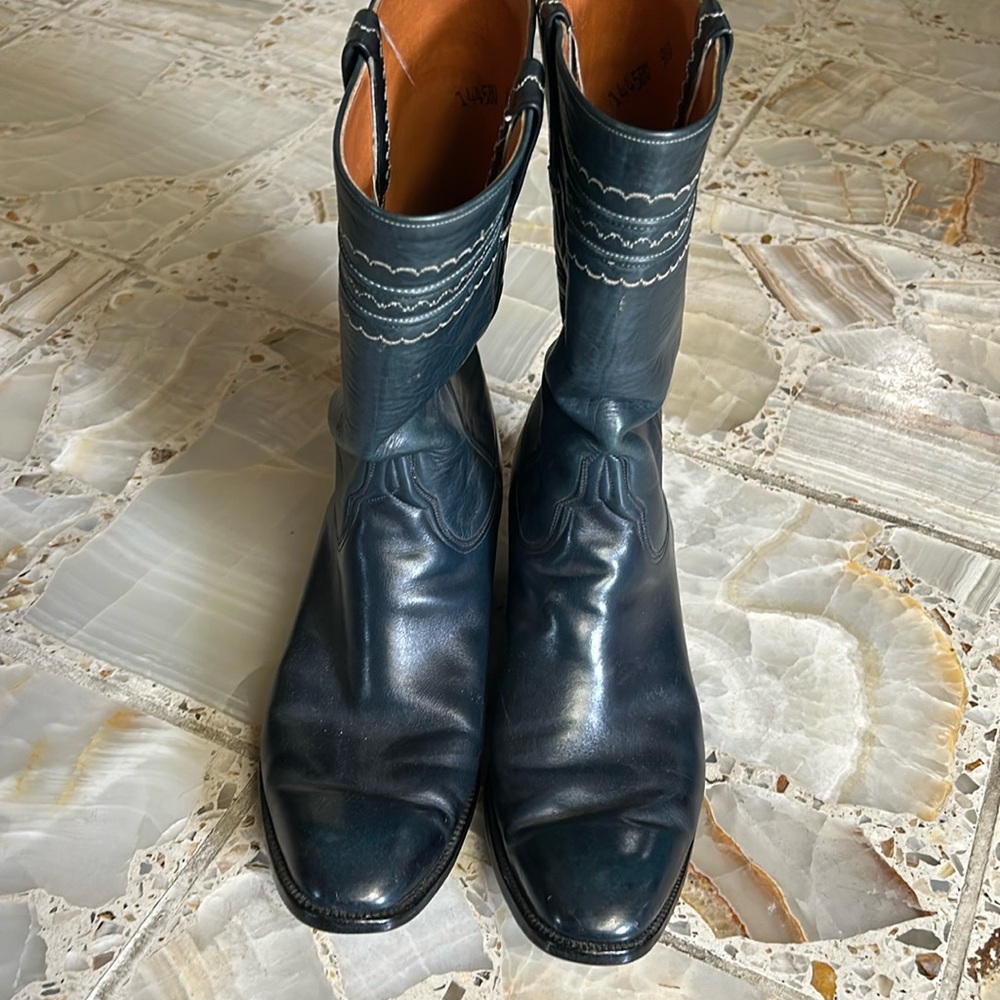 Navy leather boots, men’s 9.5, embroidered, vibram soles